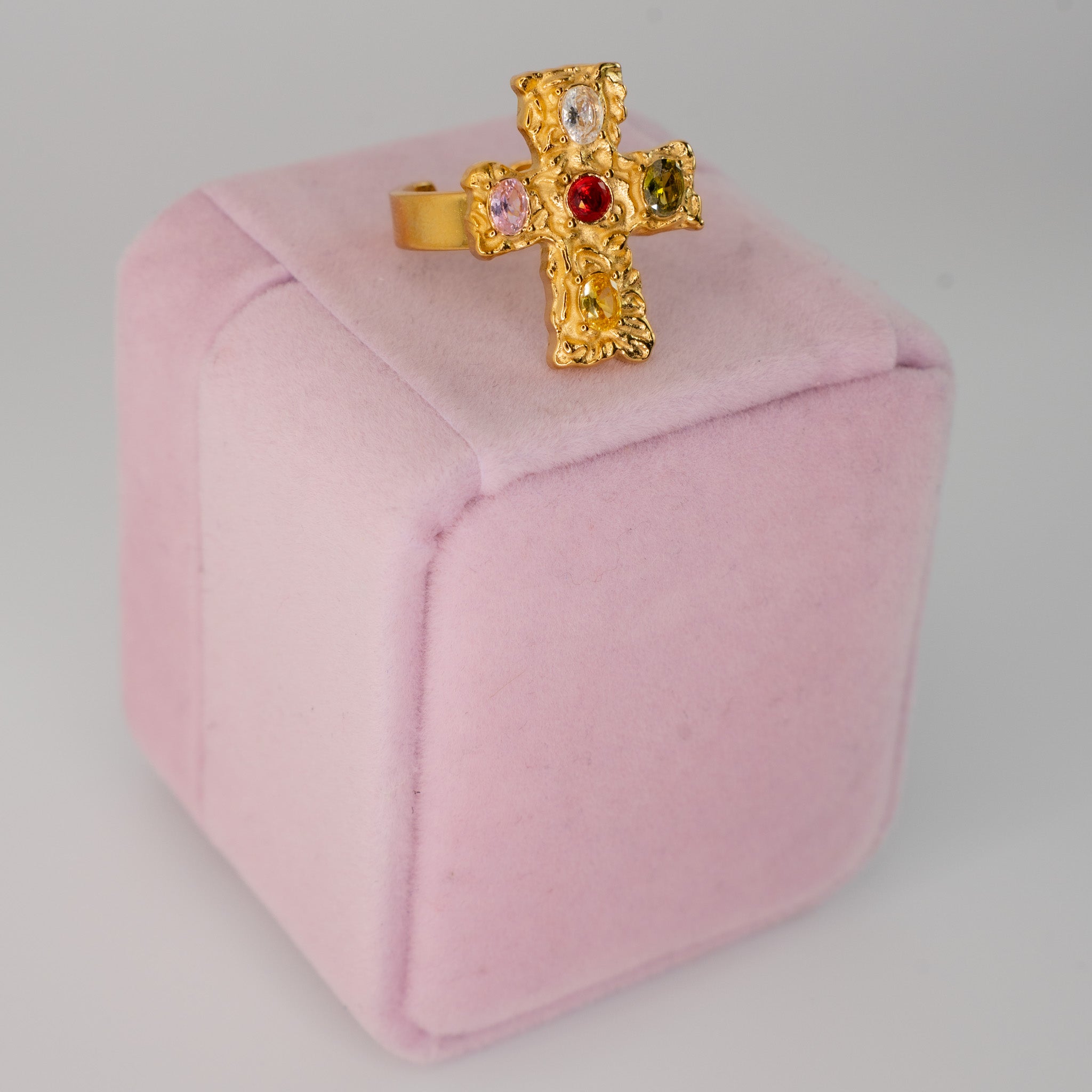 GOLD MULTICOLOR CROSS GEMSTONE RING