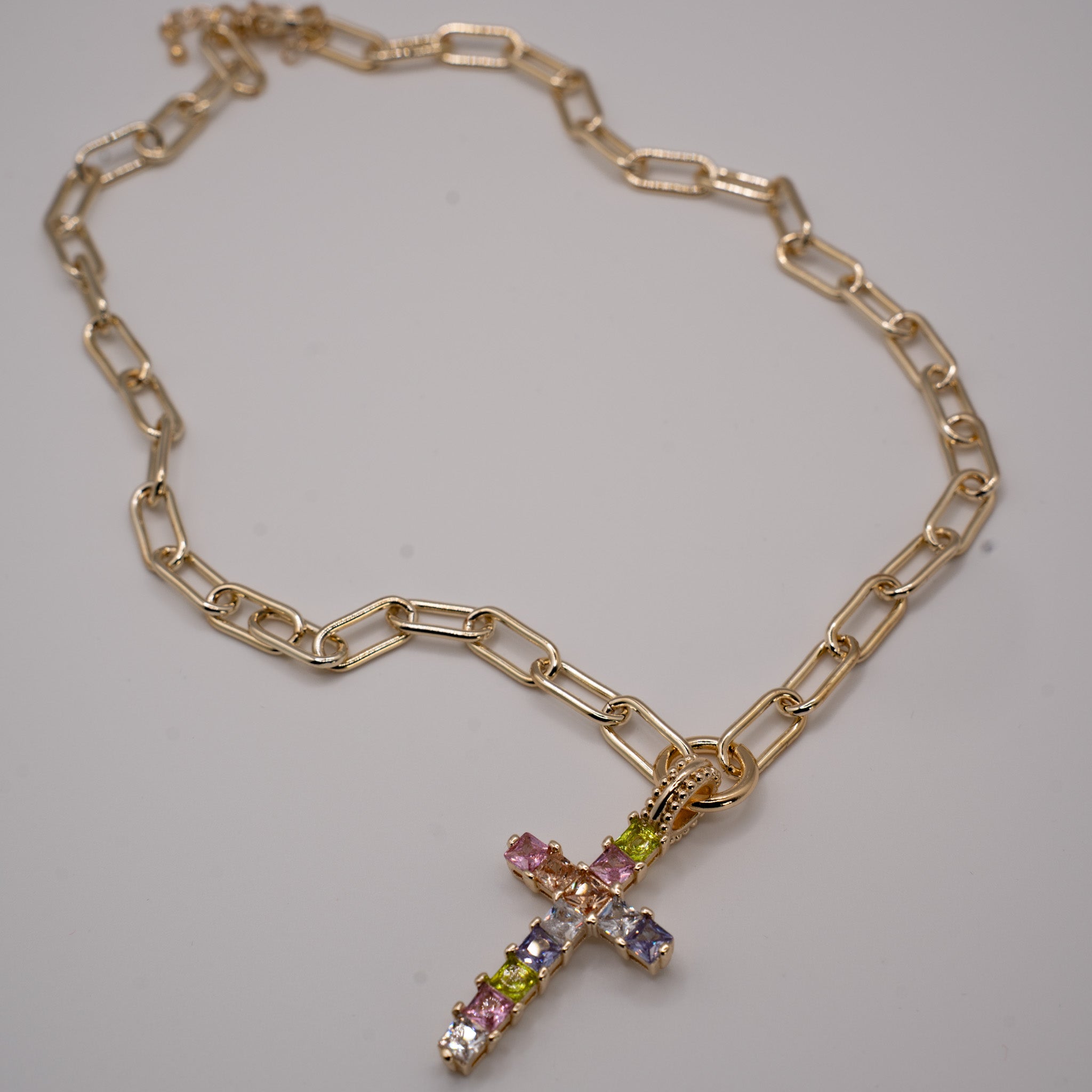 MULTICOLOR GEMSTONE CROSS CHAIN NECKLACE