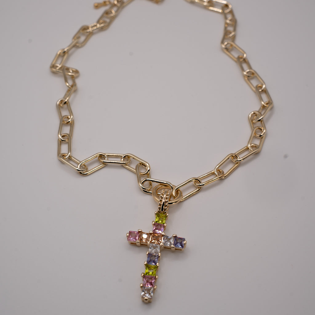 MULTICOLOR GEMSTONE CROSS CHAIN NECKLACE