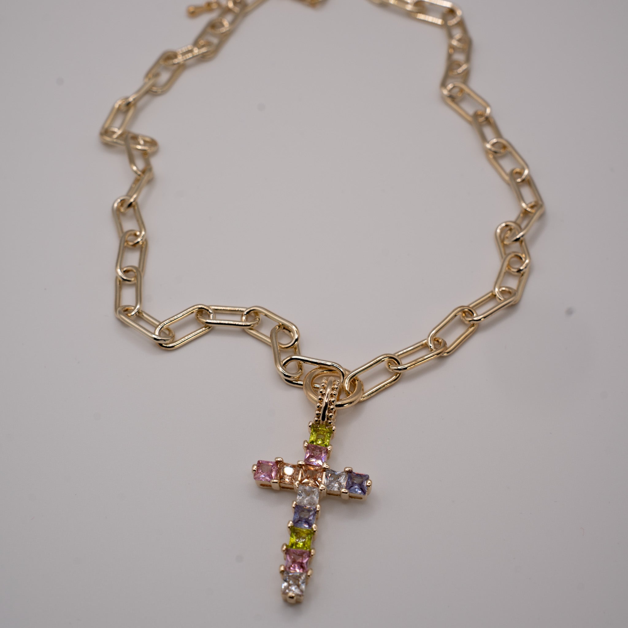 MULTICOLOR GEMSTONE CROSS CHAIN NECKLACE